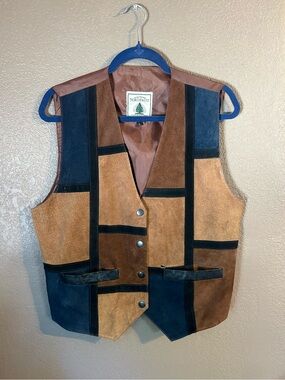 Vintage Northwest Patchwork Suede & Leather Vest in Tan, Brown & Black
